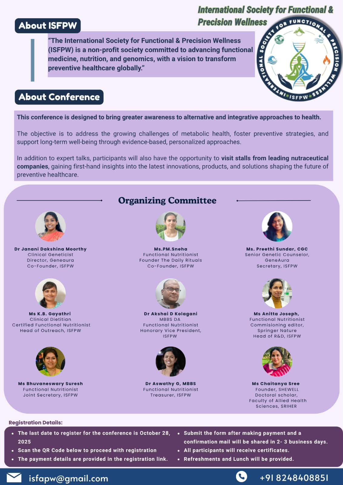 About ISFPW and the conference, followed by portraits and details of its organizing committee.
